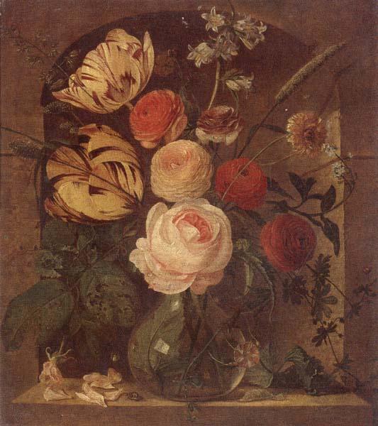 unknow artist Still life of various flowers in a glass vase,set in a niche Germany oil painting art